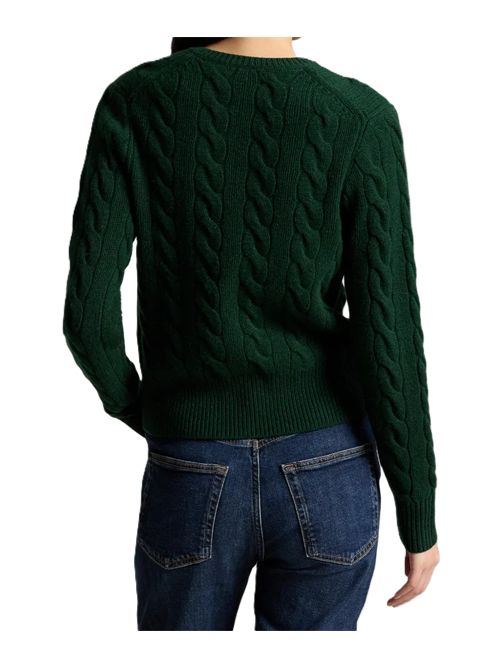 Cardigan girocollo in maglia di lana e cashmere a trecce verde con ricamo Pony Polo Ralph Lauren | 211-972104-503COLLEGE GREEN